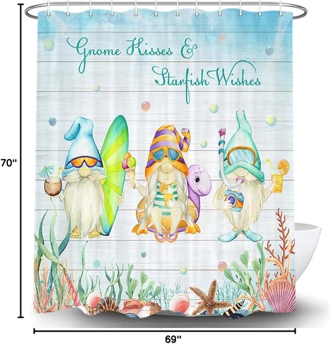 Summer Gnome Shower Curtain, Tropical Starfish Seashells Coral Summer Beach Theme Cute Kids Shower Curtains Set for Bathroom, 69x70 Inch Waterproof Fabric with Hooks
