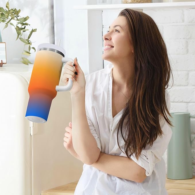 Boccsty Color Gradient Orange Blue Insulated Tumblers Reusable Stainless Steel Tumbler 30 oz Cup Coffee Travel Mug Water Bottle with Handle & Flip Straw for Home Office Car