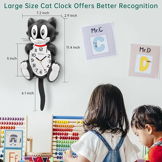 Soobest 18 Inch 3D Large Cat Wall Clock Battery Operated Silent Non Ticking with Moving Eyes and Pendulum Tail, Retro Kids Analog Wall Clock for Gift Decor Black