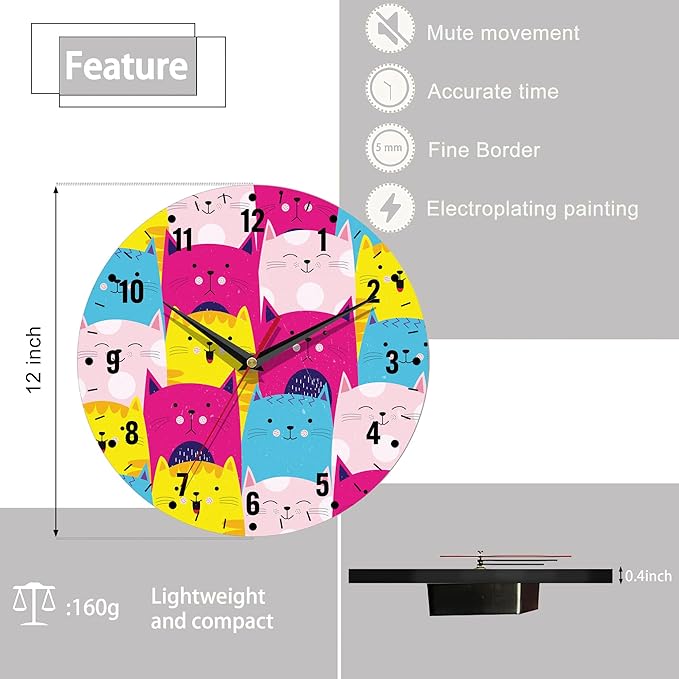 SPUNKER Wall Clocks,Cute Cats Wall Clocks for Living Room Decor,Colorful Kitten Kitchen Clocks Wall Battery Operated - 10 Inch Round Bathroom Wall Clock Silent Non-Ticking