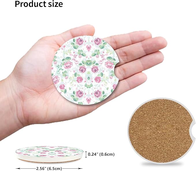 Car Coasters for Drinks Absorbent,2 Pack Cup Holders,2.56" Ceramic Stone & Non-Scratch Cork Base Coasters,Auto Accessories for Women & Men(Pink Flowers).