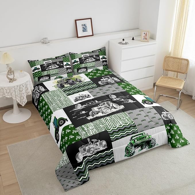 Tractor Bedding Set Twin Size Equipment Trucks Comforter Farmhouse Harvester Down Comforter for Kids Boys Car Bedroom Decor Green Vehicle Quilt Plaid with 1 Pillowcase, Grey