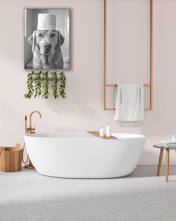 UPWOIGH Bathroom Wall Art Decor, Black and White Labrador Retriever Dog Toilet Paper Wall Art, Wood Framed Canvas Wall Art Animals Abstract Prints, 12"x16" High-end Pictures for Dormitory Kids Room