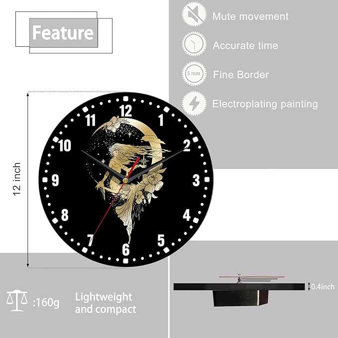 SPUNKER Clock for Bedroom,Moon Stars Queen Wall Clocks,Woman Flower Battery Operated Wall Clock Silent Non-Ticking Decorative for Home Kitchen Bathroom Living Room Bedroom Office 10 Inch
