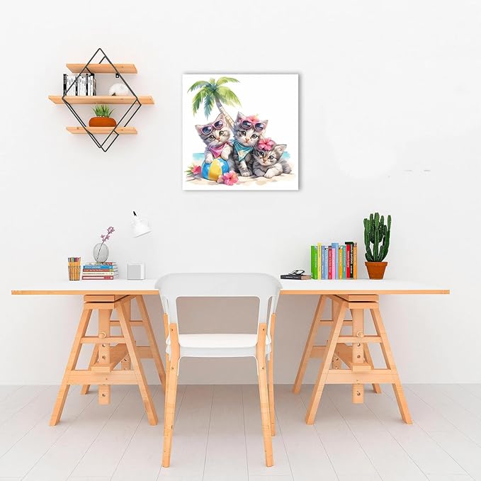 Ypxzzj Cute Kittens in Summer Vacation Canvas Wall Art, Three Kittens Under a Coconut Tree Printing Picture Cute Animal Cats with Glasses for Living Room Bathroom Framed Ready to Hang (14''x14'')