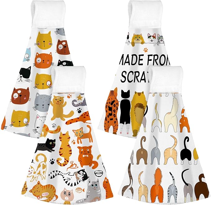 Sratte 4 Pcs Cat Kitchen Tie Towels with Hanging Loop Set Funny Cat Lover Gift Cute Hand Towels Kitty Owners Bath Dish Absorbent Oven Stove Washcloth for Home Women Mom Housewarming Gifts Decor
