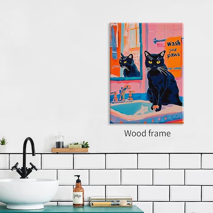 Black Cat Wash Your Paws Fun Wall Art Funky Colorful Bathroom Animal Poster Playful Kitsch Dopamine Aesthetic Canvas Pictures 16x24 inch Framed for Bathroom Wall Decor