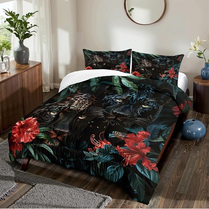 Black Cheetah Comforter Set Queen Tropical Jungle Leopard Bedding Set Wild Animal Bedding Green Leaves Red Floral Comforters Ultra Soft Down Alternative Comforter Sets for Boys Girls Teens