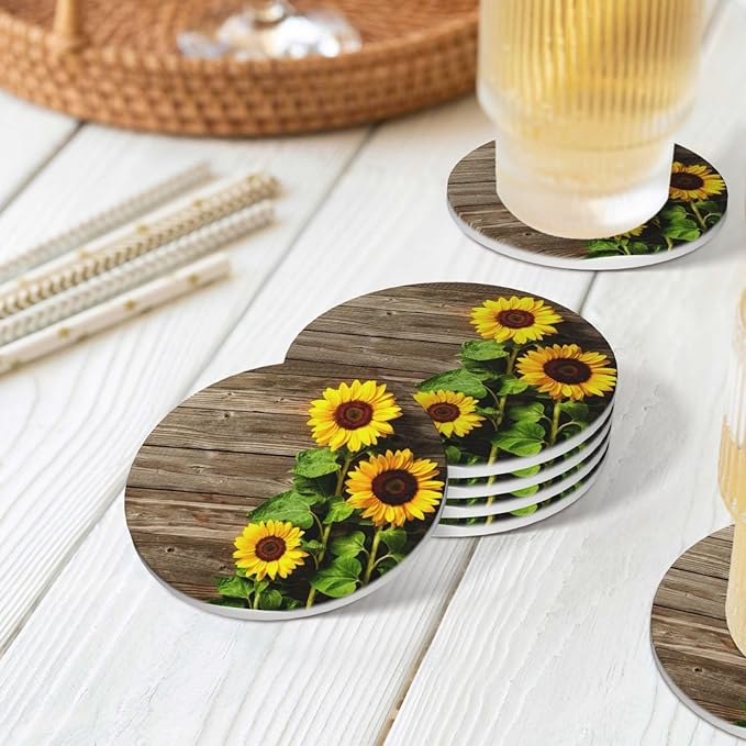 Sunflower Coasters for Drinks Set of 4, 4 Inch Romantic Wooden Background Absorbent Diatomite Ceramics Coasters for Coffee Table with Cork Base Tabletop Protection Suitable for Dining Desks