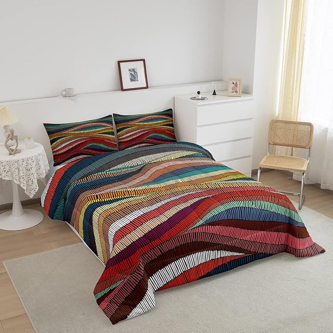 Boho Comforter Set Twin Bohemian Wavy Bedding Rainbow Embroidered Waves Bedding Comforter Sets Geometric Tribal Ethnic Bedroom Decor Colorful Abstract Lightweight Duvet Insert for Adult