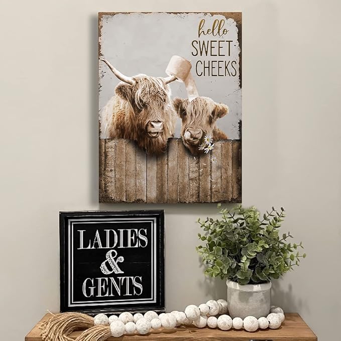 Bathroom Decor Canvas Wall Art Highland Cow Pictures Wall Decor Farmhouse Bathroom Cow Painting for Bathroom Toilet Country Cattle Prints Artwork Framed 12"x16"