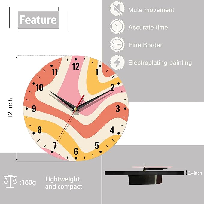 SPUNKER Clock for Bedroom,Colorful Waves Wall Clock Battery Operated 10 Inch,Retro 70s Round Clock Silent Non-Ticking Wall Decor for Farmhouse Office Home School Living Room Bedroom