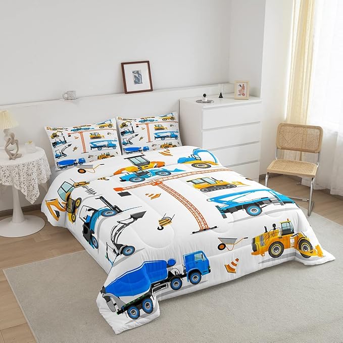 Tractor Comforter Set King Excavator Bedding Set For Boys Kid Construction Trucks Down Comforter Yellow Blue Equipment Truck Machinery Vehicle Bedroom Decor Forklift Bulldozer Crane Duvet Insert
