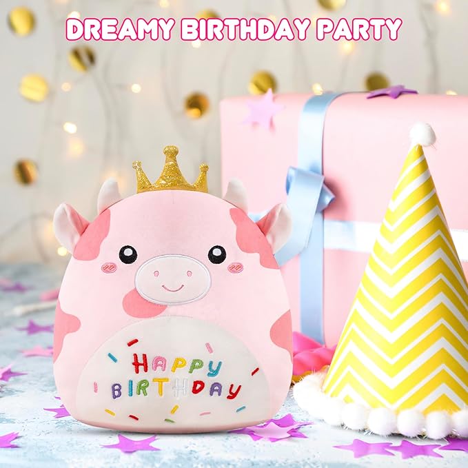 SQEQE Cow Stuffed Animal Soft Cow Stuffed Toy Birthday Party Decoration Gift Kawaii Pink Cow Plushie with Golden Crown for Kids Girls Boys(Pink Cow,10 Inch)