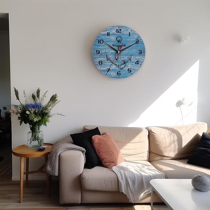 Wall Clock, 10 Inch Silent Non-Ticking Home Kitchen Decor, Battery Operated for Bathroom Bedroom Living Room Office(Vintage Blue Nautical Anchor)