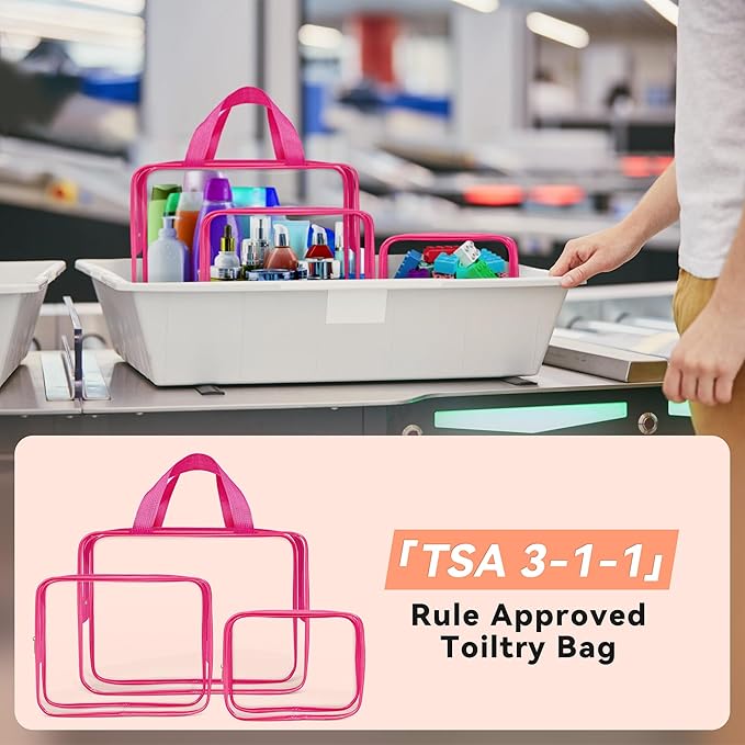 TISRATOK 10 PCS Clear Travel Makeup Toiletry Bag, Plastic PVC Cosmetic TSA Approved Organizer Kit with Zipper Handbag(Rose Red)