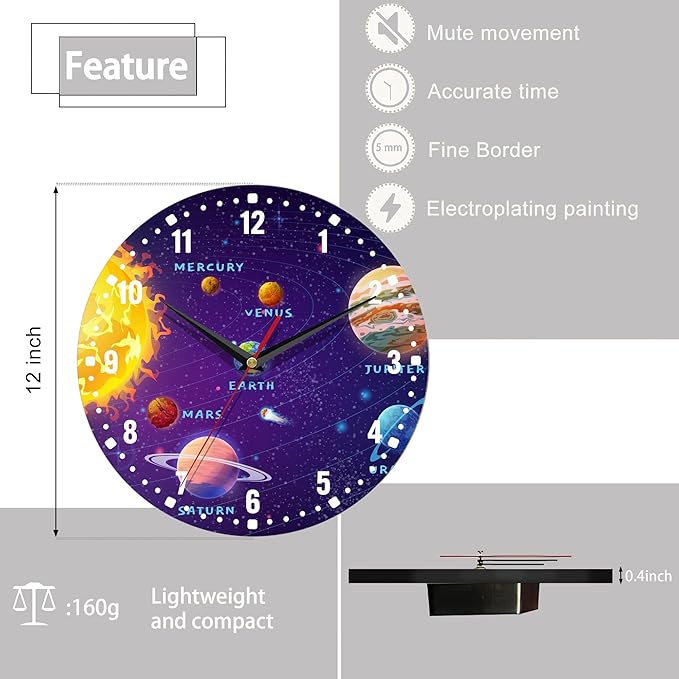 SPUNKER Wall Clock,Solar System 10 Inch Wall Clock,Planets Sun Earth Small Battery Operated Wall Clocks Decorative for Kitchen/Living Room/Bedroom/Bathroom/Dining Room