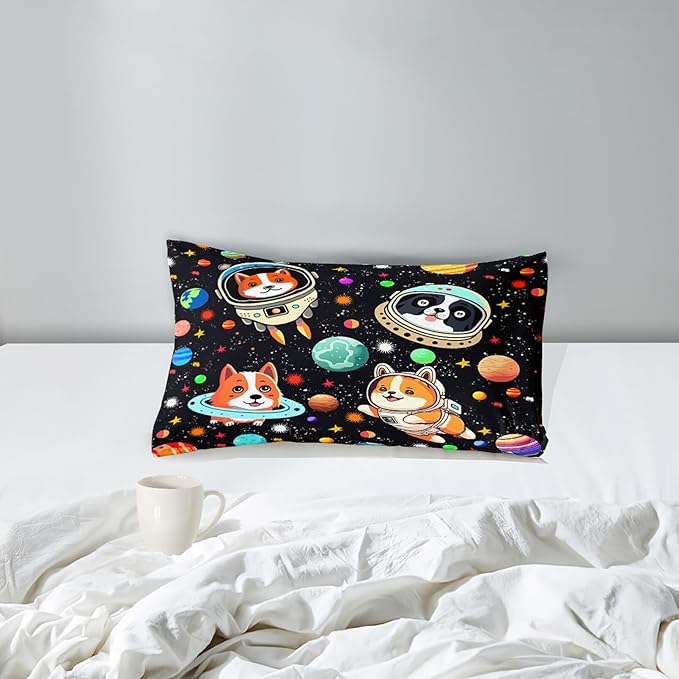 Space Dog Comforter Set - Cute Dog Twin Bedding Set for Kids Girls Boys Cartoon Dog Astronaut Prints Comforter Set Funny Outer Space Dog Bedding Sets for Kids Room Decor, 1 Comforter+1 Pillowcase