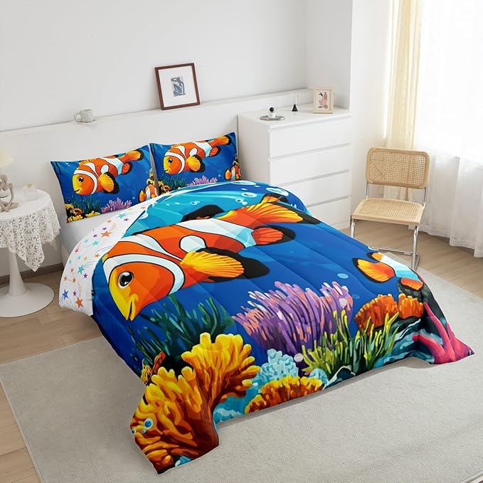 Tropical Fish Comforter Set Queen Size,Colorful Underwater World Bedding Set,Coral Fish Ocean Life Quilt Set for Kids Girls Boys Teens Room Decor,Hawaii Sea Style Duvet Insert,2 Pillowcases