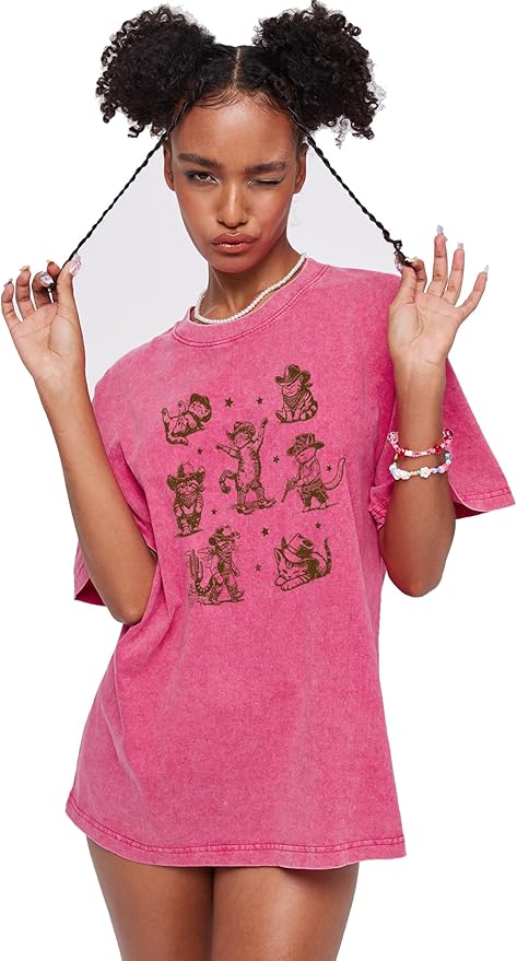 Y2K Oversized Graphic Tees for Women -Cowboy Cats Acid Washed Vintage Unisex Tee Short Sleeve Streetwear Tops