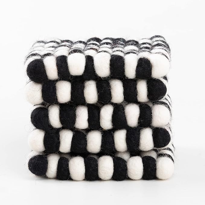 Square Felt Ball Coasters - 100% Merino Wool Table Coasters - Felt Coaster Pads, Absorbent Trivet for Drinks - Heat Resistant, Thick & Durable Hand Felted in Nepal by Woolygon- Multicolor - Set of 5