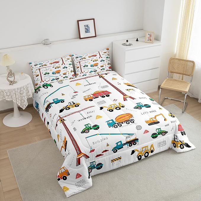 Tractor Comforter, Excavator Machinery Trucks Bedding Set Full Size, Construction Vehicle Down Comforter, Bulldozer Crane Equipment Truck Quilt Set For Child Teens 3Pcs Bedroom Decor, Yellow Green