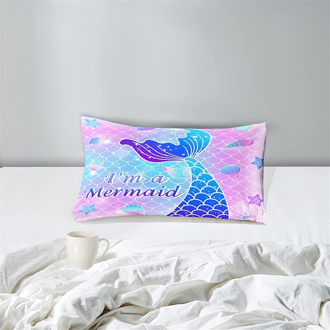 Twin Mermaid Bedding Set for Girls - Pink Comforter With Pillowcase, Soft Breathable Microfiber Skin Surface Scales Quilt, Ocean Life Bedroom Decor, 2Pcs