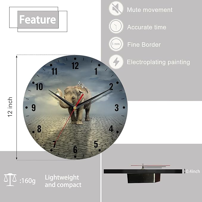 SPUNKER Wall Clock,Elephant Wall Clocks,African Animals Lantern Battery Operated Wall Clock Silent Non-Ticking Decorative for Home Kitchen Bathroom Living Room Bedroom Office 10 Inch