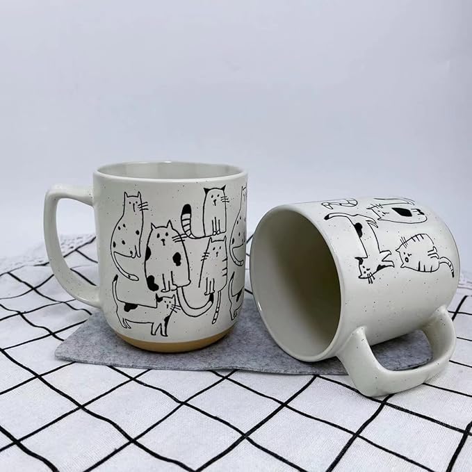 White-Grey Cartoon Cats Ceramic Mug with Handle Coffee Mug 550ml/18.6oz. Cute Funny Novelty Vintage Gift Hand Painted