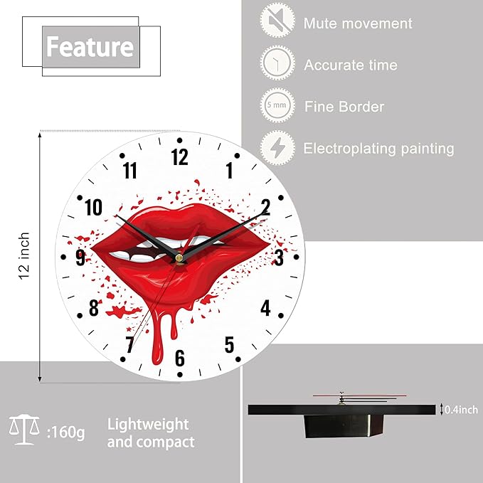 SPUNKER Clock for Bedroom,Red Lip Wall Clocks,Woman Sexy Biting Lips Battery Operated Wall Clock Silent Non-Ticking Decorative for Home Kitchen Bathroom Living Room Bedroom Office 10 Inch
