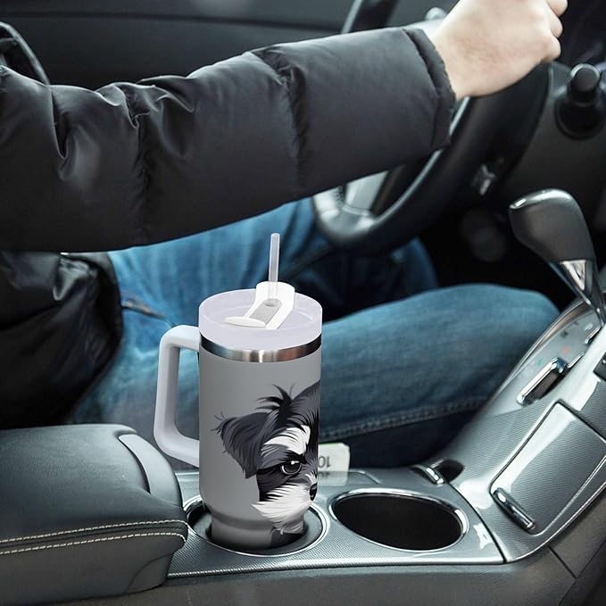 Boccsty Grey Schnauzer Dog Insulated Tumblers Reusable Stainless Steel Tumbler 30 oz Cup Coffee Travel Mug Water Bottle with Handle & Flip Straw for Home Office Car