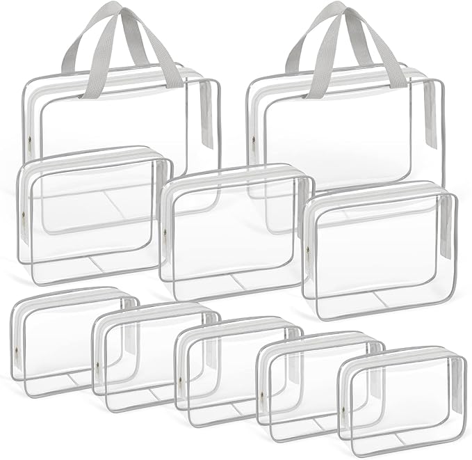 TISRATOK 10 PCS Clear Travel Makeup Toiletry Bag, Plastic PVC Cosmetic TSA Approved Organizer Kit with Zipper Handbag(Grey)
