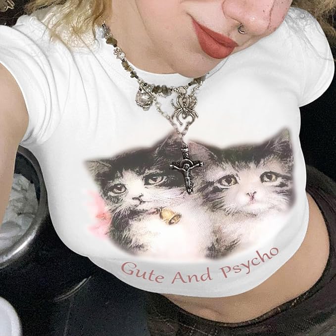 Tuislay Cat Baby Tees for Women Cute Y2k Coquette Shirt Funny Cropped Graphic Tees Top Downtown Girl Aesthetic Grunge Clothes