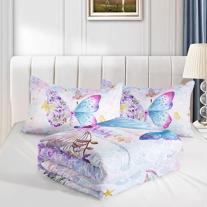Butterfly Comforter Set Scales Butterfly Printed Quilt Bedding Set with 1 Comforter and 2 Pillowcases for Boys and Girls Bedroom All Season(Butterfly Scales Queen)