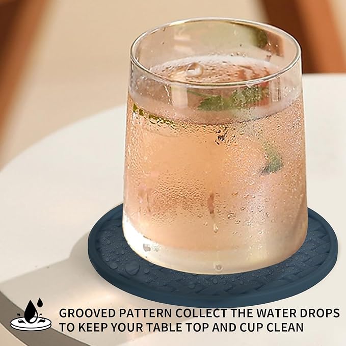 Blue Silicone Coasters Set of 6 with Holder, 4 Inches Non-Slip Decorative Coasters for Home, Kitchen, Office Heat Resistant & Waterproof Cup Mat for Drinks, Bar, Coffee