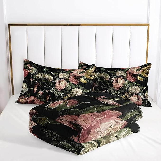 Boho Floral Comforter Set King Black Floral Bedding Sets 3PCS for Kids Teen Adult Flowers Leaves Room Decor Ultra-Soft Lightweight Microfiber 1 Comforter with 2 Pillowcases