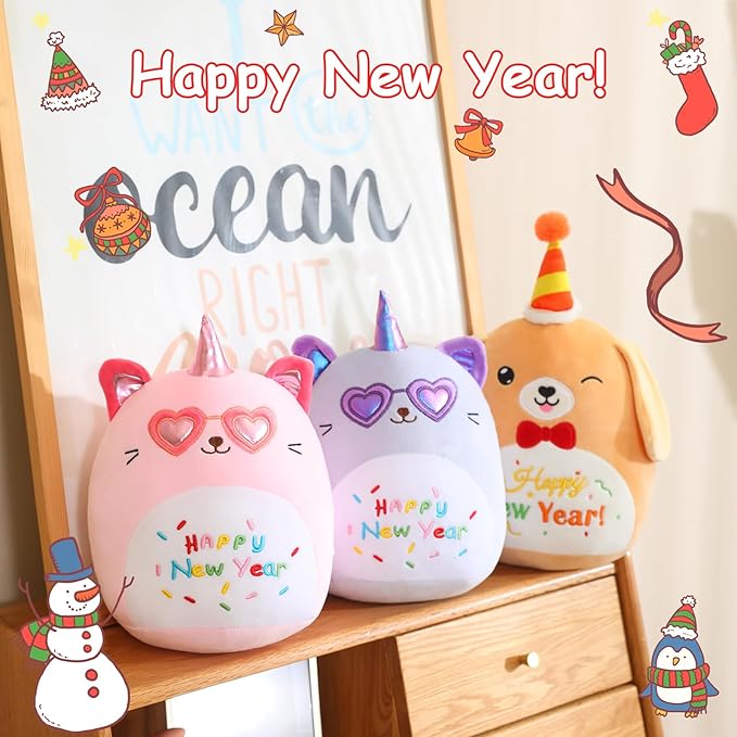 SQEQE Cat Plush Unicorn Cat Stuffed Animal Toy Happy New Year Plushies Kawaii Animal Plushie Doll Gifts for Kids Christmas Party Decoration(Purple, 10 Inch)
