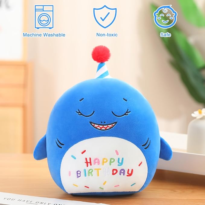 SQEQE Shark Stuffed Animal Toy Happy Birthday Shark Plush Cute Blue Birthday Plushies Doll Home Decor for Kids Girls Boys 10 Inch