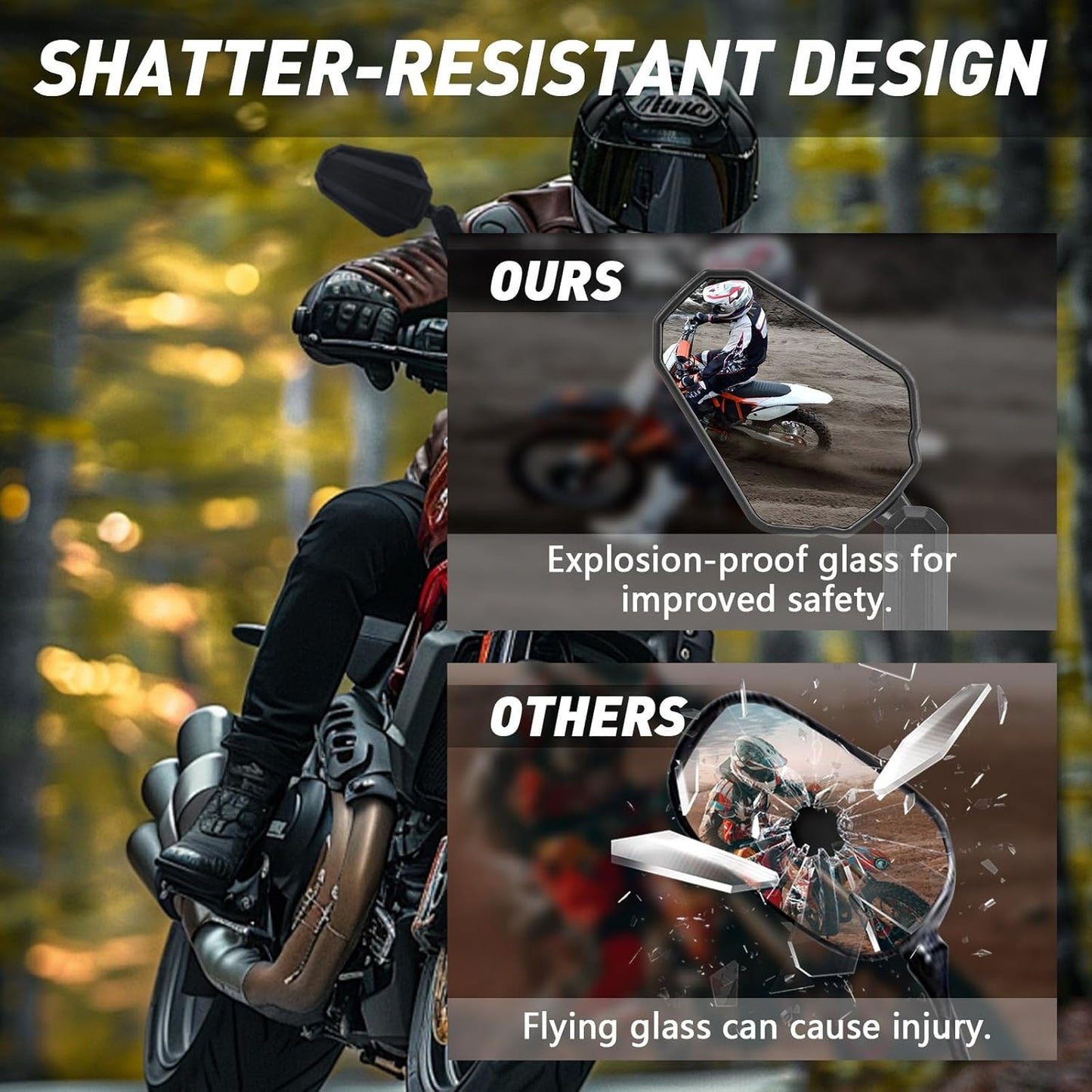 Motorcycle Mirrors, ATV Rear View Mirror With Adjustable Ram mount, No Vibration & Wobble, Dirt Bike Mirrors for handlebars Compatible with Scooter Ebike Moped, 2 Pack