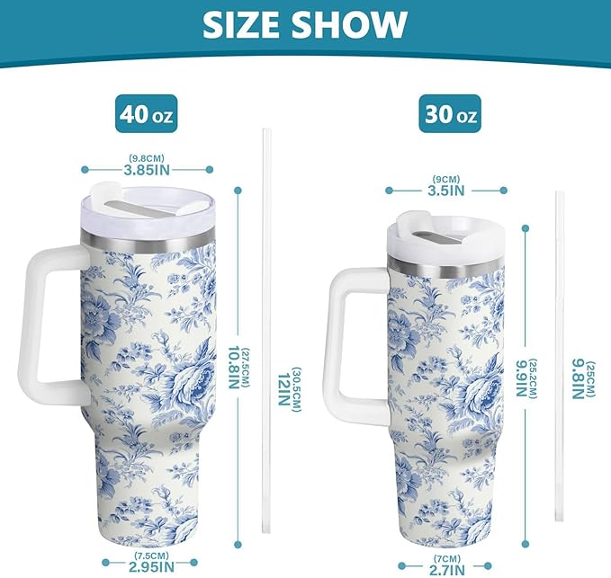 Boccsty Vintage French Floral Insulated Tumblers Blue Pattern Reusable Stainless Steel Tumbler 40 oz Cup Coffee Travel Mug Water Bottle with Handle & Flip Straw for Home Office Car