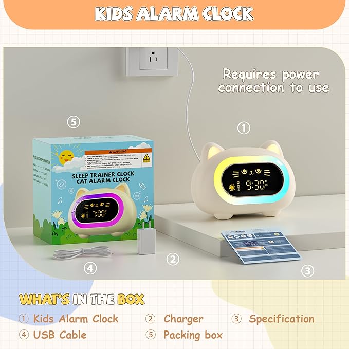 winshine Kids Alarm Clock, Ok to Wake Clock for Kids, Toddler Sleep Training Clock with Eye Protection, 10 Night Lights, Dual Alarms, Child Lock, Snooze, Timer - Cute Cat Clock for Girls and Boys