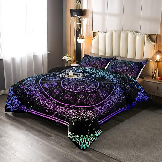 Sun and Moon Comforter Set Zodiac Signs Astrology Bedding Set King Constellations Galaxy Down Comforter Spiritual Gifts for Girls Teens Women,Trippy Leo Aquarius Quilt Duvet Set Purple Blue 3 Pcs