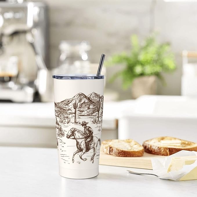 Western Desert Tumbler Cowboy Stainless Steel Insulated Tumblers with Lid Straw Reusable American Wild Landscape Coffee Travel Mug Tea Drinking Water Wine Cups Gifts for Women 20 Oz