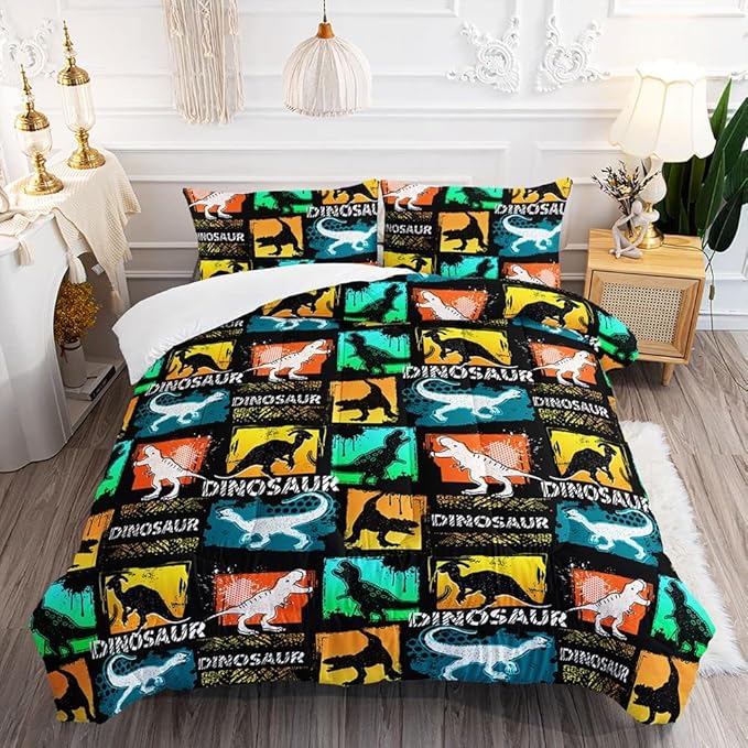 Suncloris Kids Dinosaur Comforter, Colorful Cartoon Dino Bedding Bedspread for Boys Teens, Lightweight Microfiber Geometric Plaid Jungle Animals Quilt Bedroom Decor with 2 Pillow Cases (03, Twin)