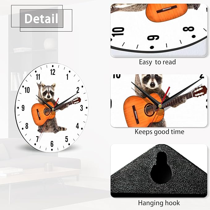 SPUNKER Clock for Bedroom,Funny Raccoon Kitchen Wall Clock,Acoustic Guitar Rock Clocks 10 Inch Silent Non-Ticking Wall Battery Operated for Living Room Bedroom Bathroom Laundry Room Decor