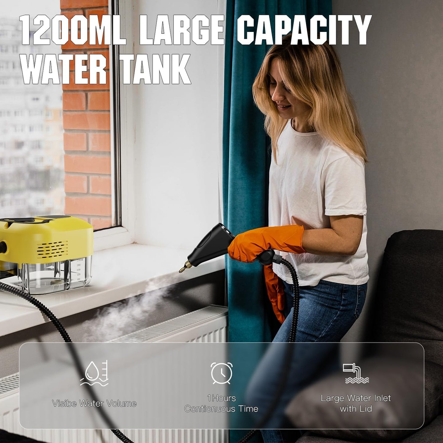 Handheld Steam Cleaner for Home&Kitchen, 212°F High Temperature, 1200ML Tank, Portable Steam Cleaner for Car Carpet Detailing Window Floor Couch Grease Tile, Pressurized Steamer for Cleaning
