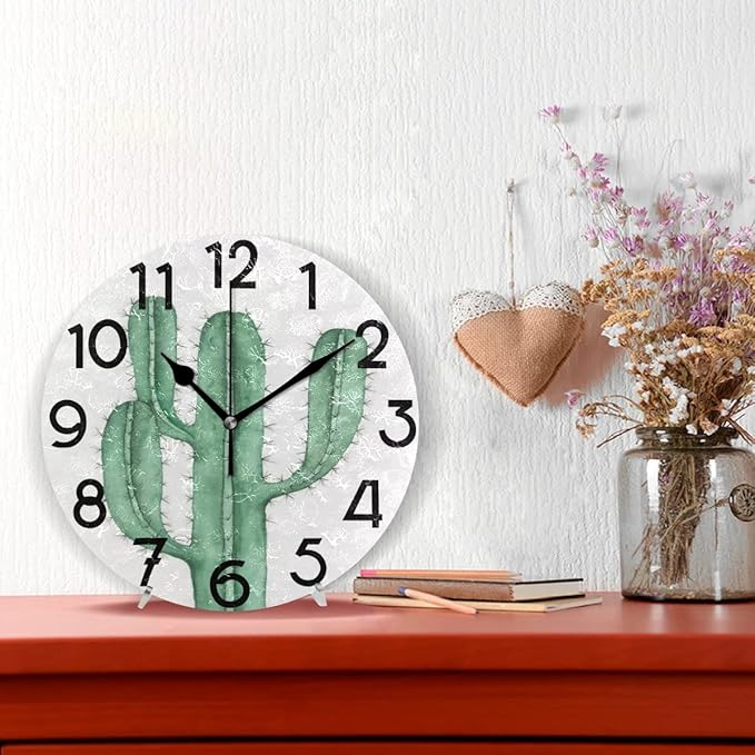 Summer Cactus Cacti Round Wall Clock 10 Inch Tropical Style Quartz Battery Operated Summer Decoration for Living Room Kitchen Bedroom Bathroom Large Numbers