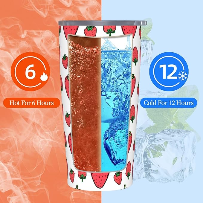 Strawberry Tumbler Berries Stainless Steel Insulated Tumblers with Lid Straw Reusable Summer Fruit Coffee Travel Mug Tea Drinking Water Wine Cups Birthday Gifts for Women 20 Oz