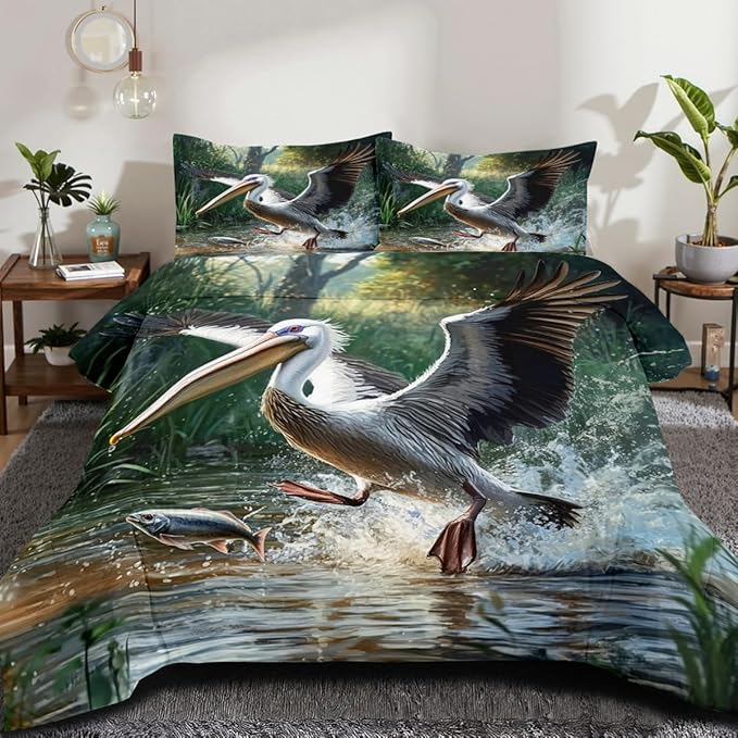 Wildlife Theme Comforter Set Twin Modern Bedroom Decor Bedding Set Funny Aesthetic Animal Bedding Nature Bird Fish Pattern Bed Set with 1 Pillowcase Soft Microfiber