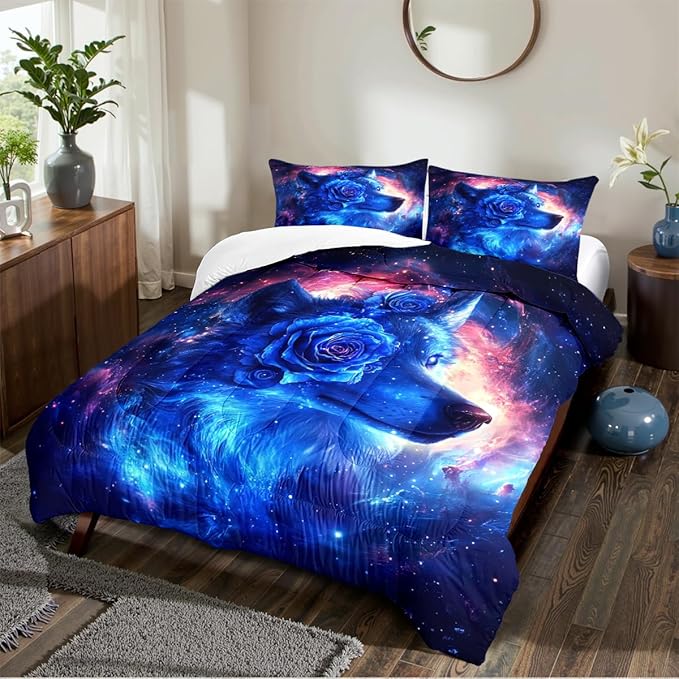 Blue Galaxy Wolf Comforter Set Twin Size Cute Animal Bedding Set Aesthetic Bedding Comforters Soft Down Alternative Comforter Sets with 1 Pillowcase